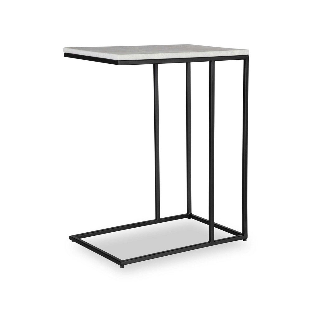 Kez Accent Table, 18 Inch White Real Marble Top, Black C Shape Metal Frame - BM346799