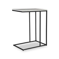 Kez Accent Table, 18 Inch White Real Marble Top, Black C Shape Metal Frame - BM346799