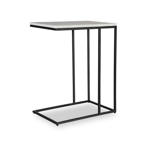 Kez Accent Table, 18 Inch White Real Marble Top, Black C Shape Metal Frame - BM346799