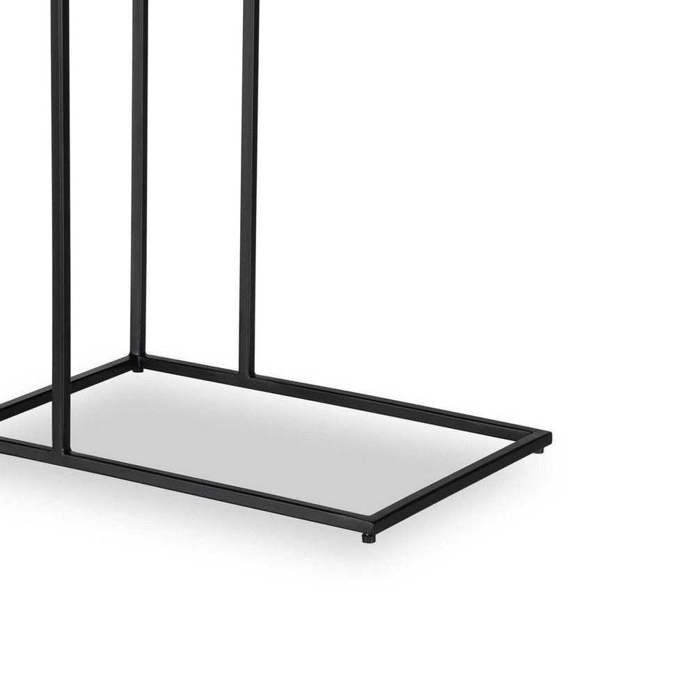 Kez Accent Table, 18 Inch White Real Marble Top, Black C Shape Metal Frame - BM346799