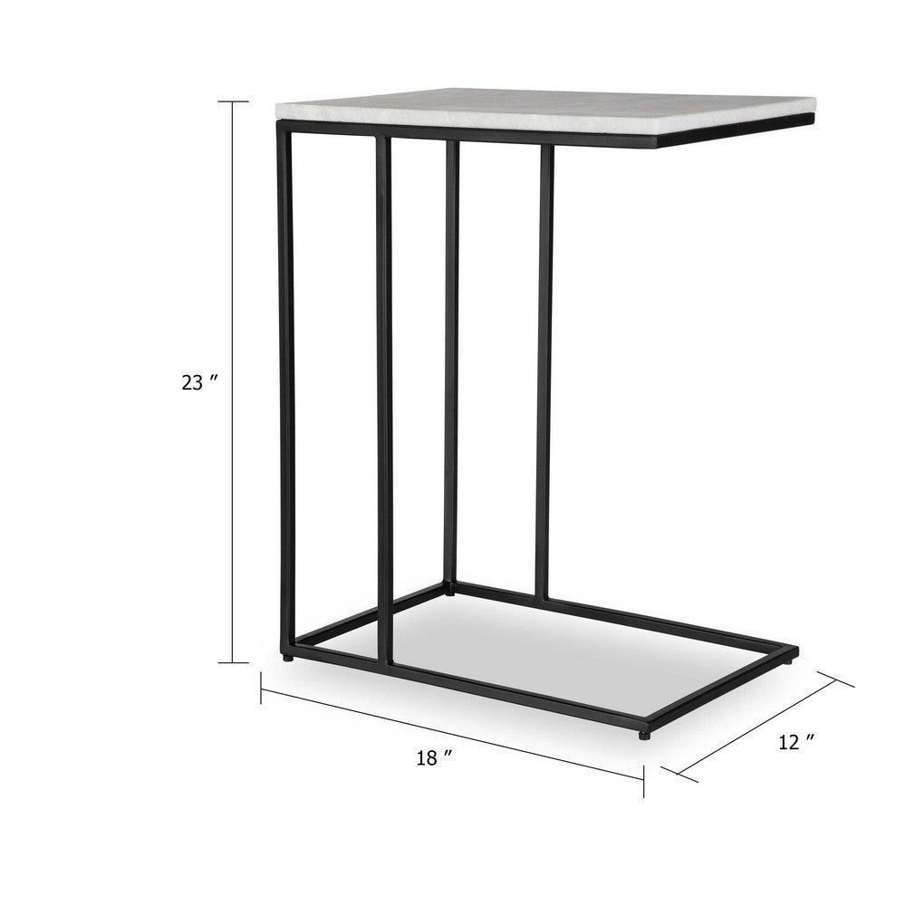 Kez Accent Table, 18 Inch White Real Marble Top, Black C Shape Metal Frame - BM346799