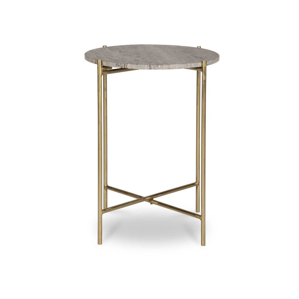 Raya Accent End Table, 16 Inch Round Travertine Top, Gold Iron Frame - BM346800