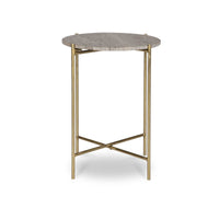Raya Accent End Table, 16 Inch Round Travertine Top, Gold Iron Frame - BM346800