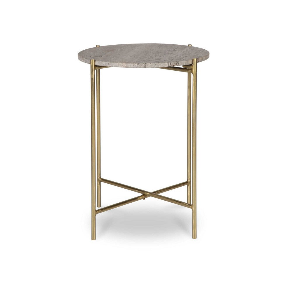 Raya Accent End Table, 16 Inch Round Travertine Top, Gold Iron Frame - BM346800