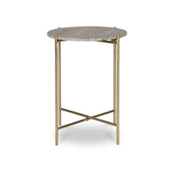 Raya Accent End Table, 16 Inch Round Travertine Top, Gold Iron Frame - BM346800