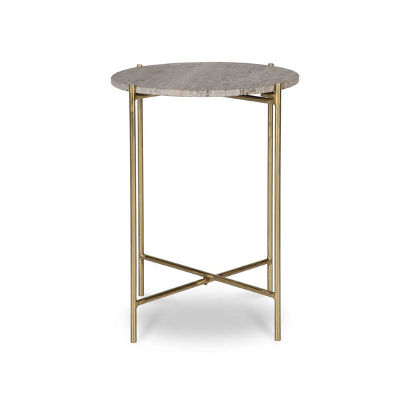 Raya Accent End Table, 16 Inch Round Travertine Top, Gold Iron Frame - BM346800