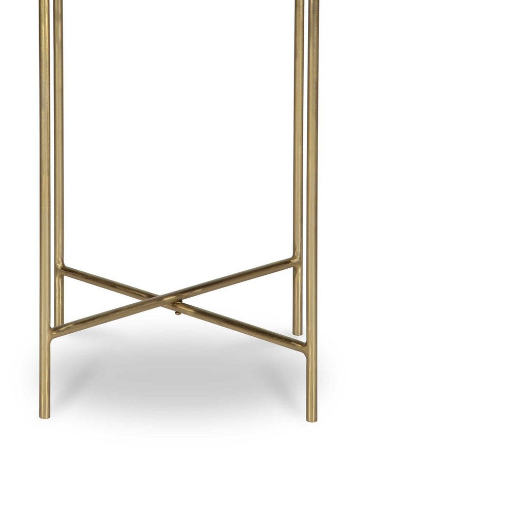 Raya Accent End Table, 16 Inch Round Travertine Top, Gold Iron Frame - BM346800