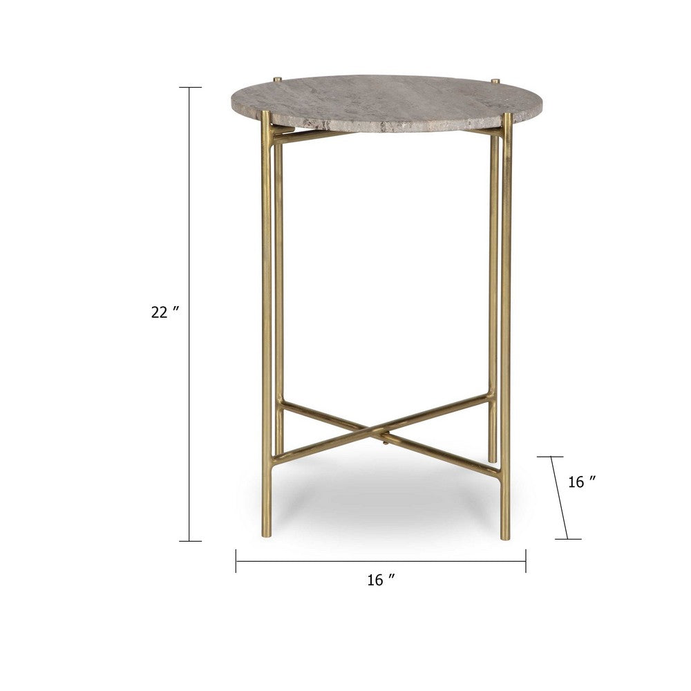 Raya Accent End Table, 16 Inch Round Travertine Top, Gold Iron Frame - BM346800