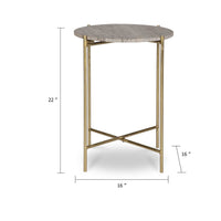 Raya Accent End Table, 16 Inch Round Travertine Top, Gold Iron Frame - BM346800