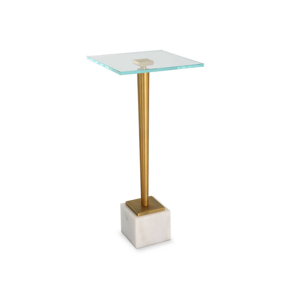 Lemy Accent Table, 11 Inch Square Glass Top, White Marble, Retro Brass - BM346801