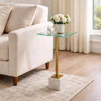 Lemy Accent Table, 11 Inch Square Glass Top, White Marble, Retro Brass - BM346801