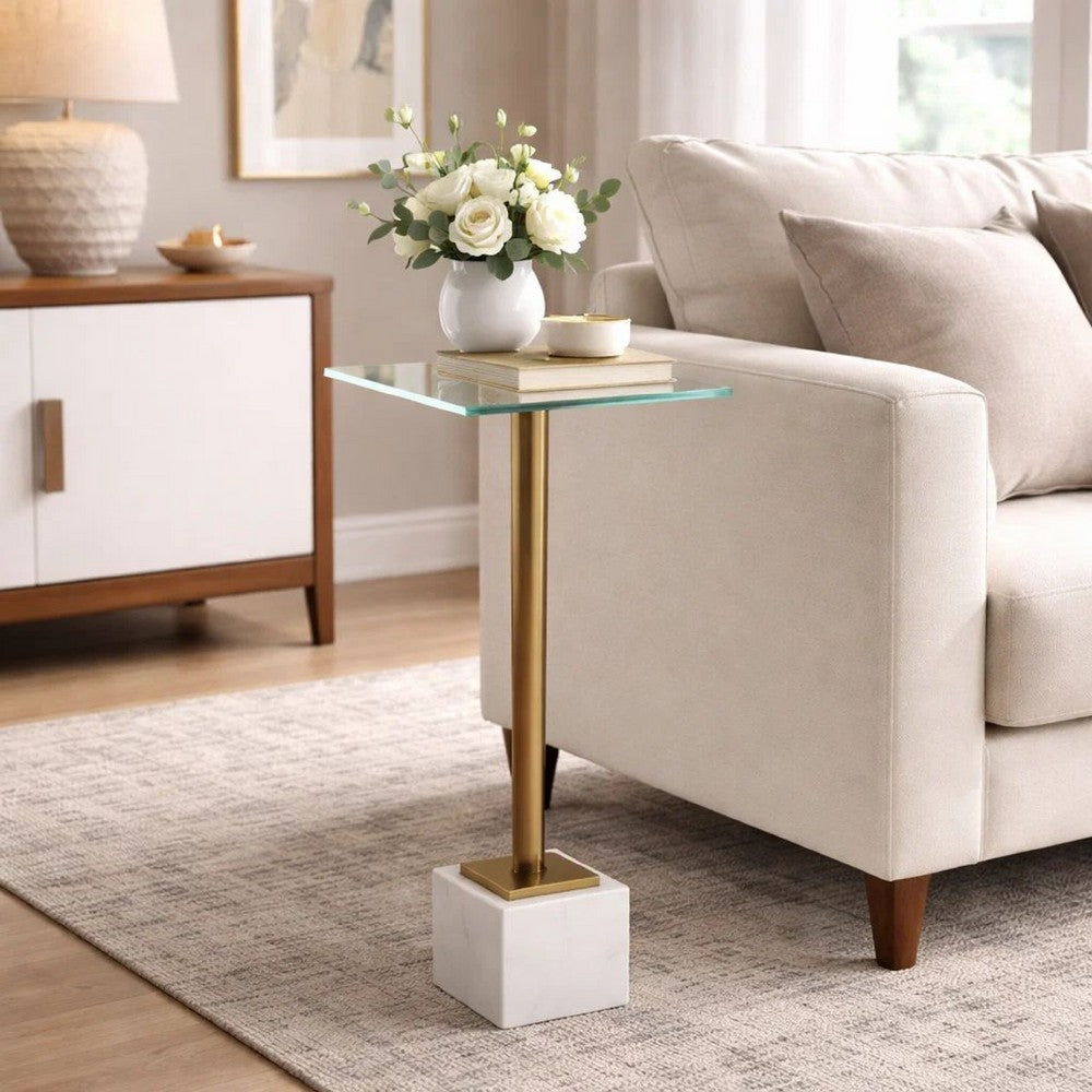 Lemy Accent Table, 11 Inch Square Glass Top, White Marble, Retro Brass - BM346801