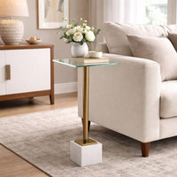 Lemy Accent Table, 11 Inch Square Glass Top, White Marble, Retro Brass - BM346801