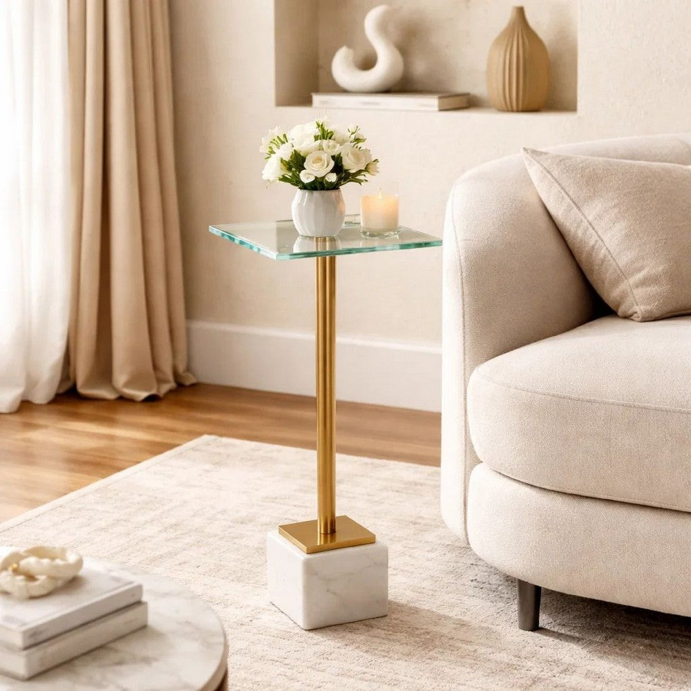 Lemy Accent Table, 11 Inch Square Glass Top, White Marble, Retro Brass - BM346801