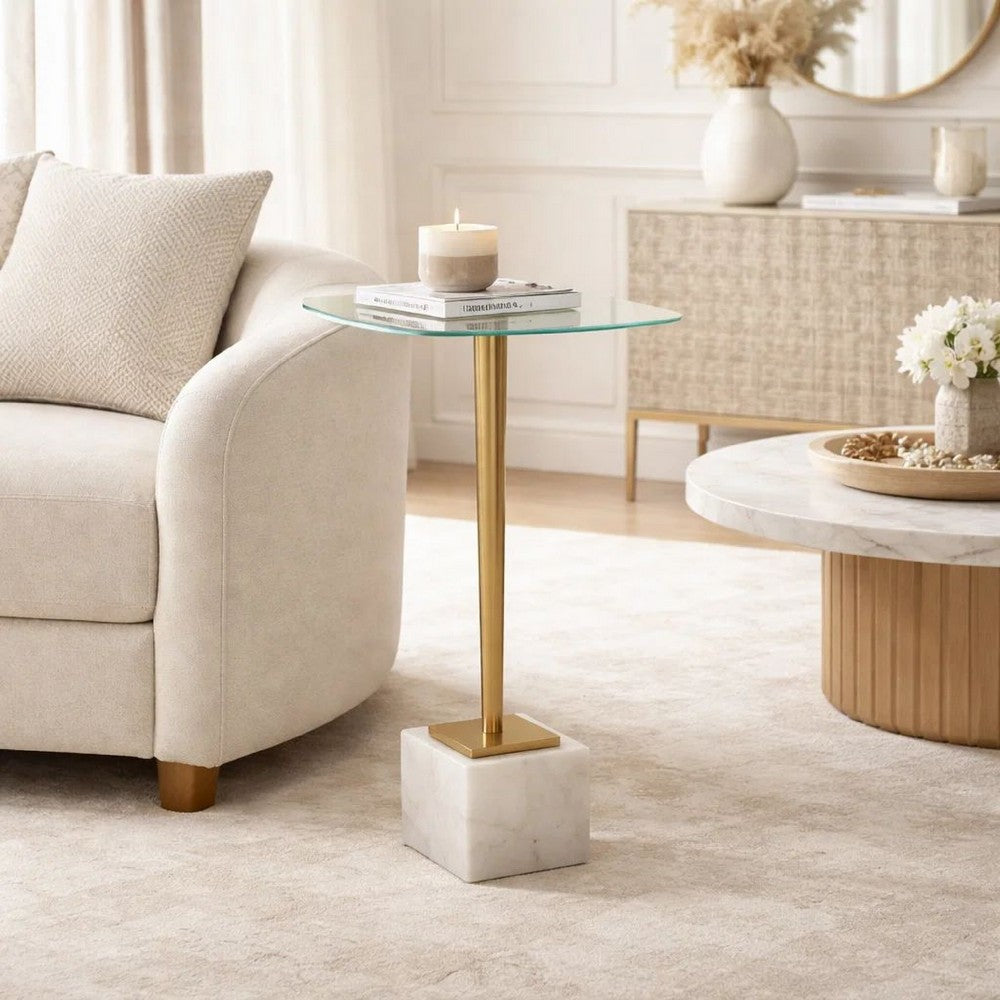 Lemy Accent Table, 11 Inch Square Glass Top, White Marble, Retro Brass - BM346801