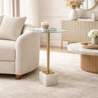 Lemy Accent Table, 11 Inch Square Glass Top, White Marble, Retro Brass - BM346801