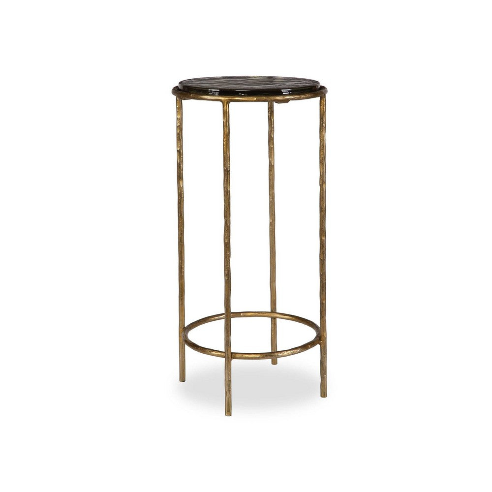 Hex Accent Table, 12 Inch Round Recycled Glass Top, Gold Iron Frame - BM346802
