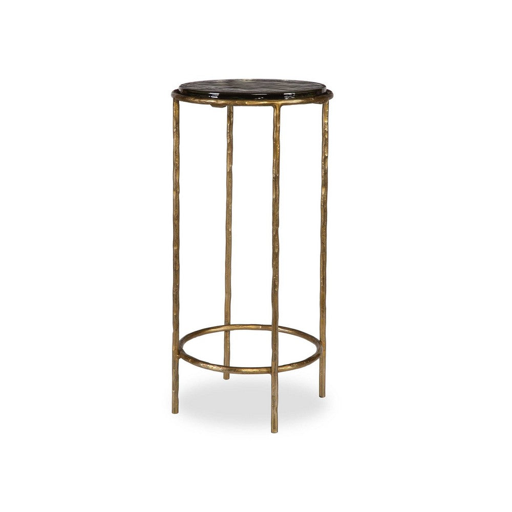 Hex Accent Table, 12 Inch Round Recycled Glass Top, Gold Iron Frame - BM346802