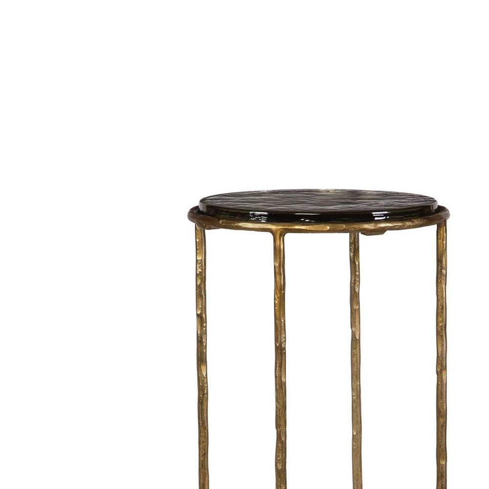Hex Accent Table, 12 Inch Round Recycled Glass Top, Gold Iron Frame - BM346802