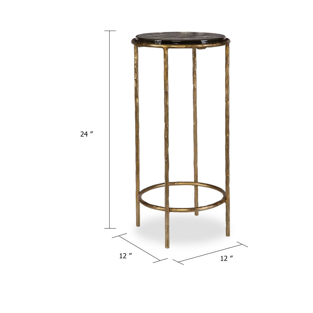 Hex Accent Table, 12 Inch Round Recycled Glass Top, Gold Iron Frame - BM346802