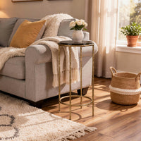 Hex Accent Table, 12 Inch Round Recycled Glass Top, Gold Iron Frame - BM346802