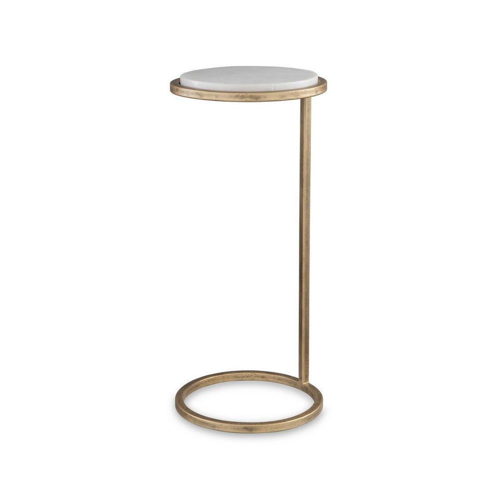Mez Accent Table, 10 Inch Round White Marble Top, Retro Gold Iron - BM346803