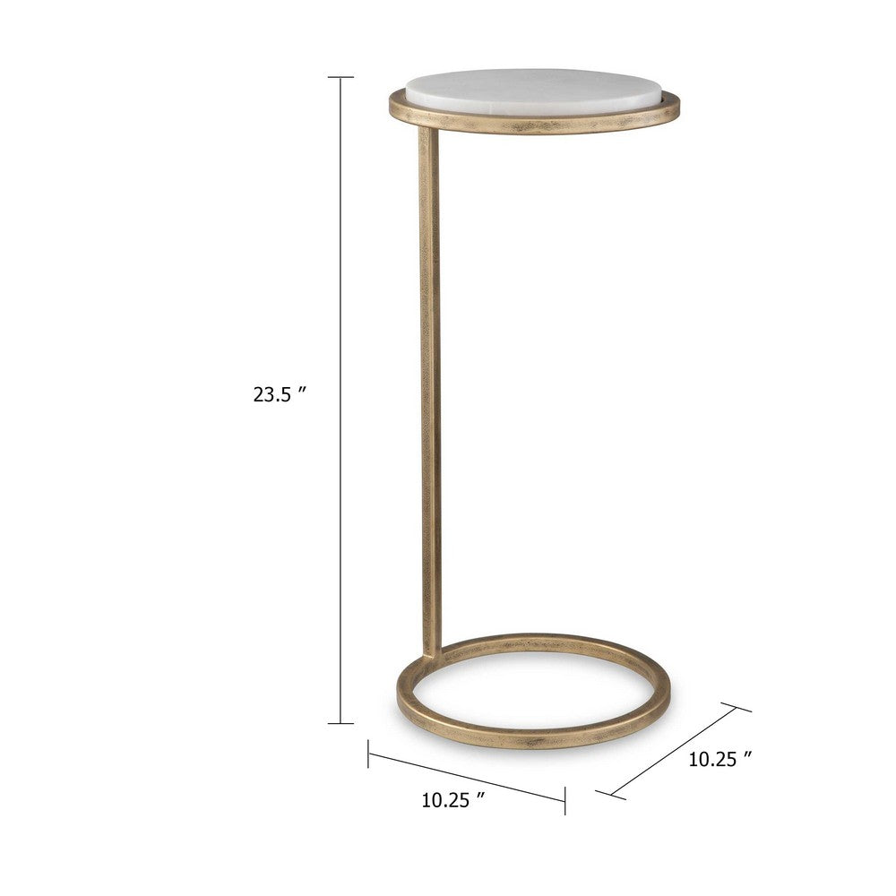 Mez Accent Table, 10 Inch Round White Marble Top, Retro Gold Iron - BM346803