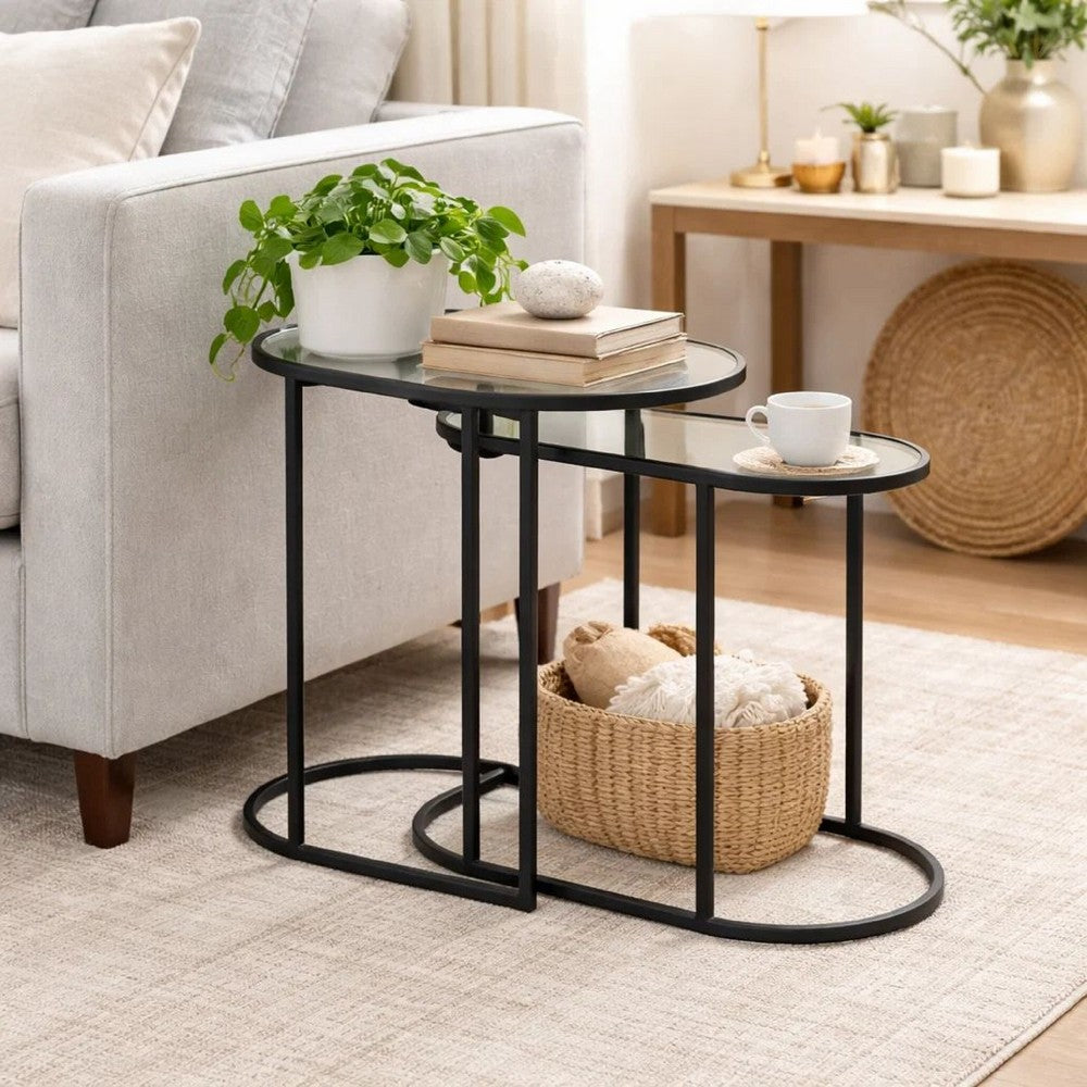 Valo 2pc Nesting Accent Table Set, Glass Oval Top, Retro Matte Black - BM346804