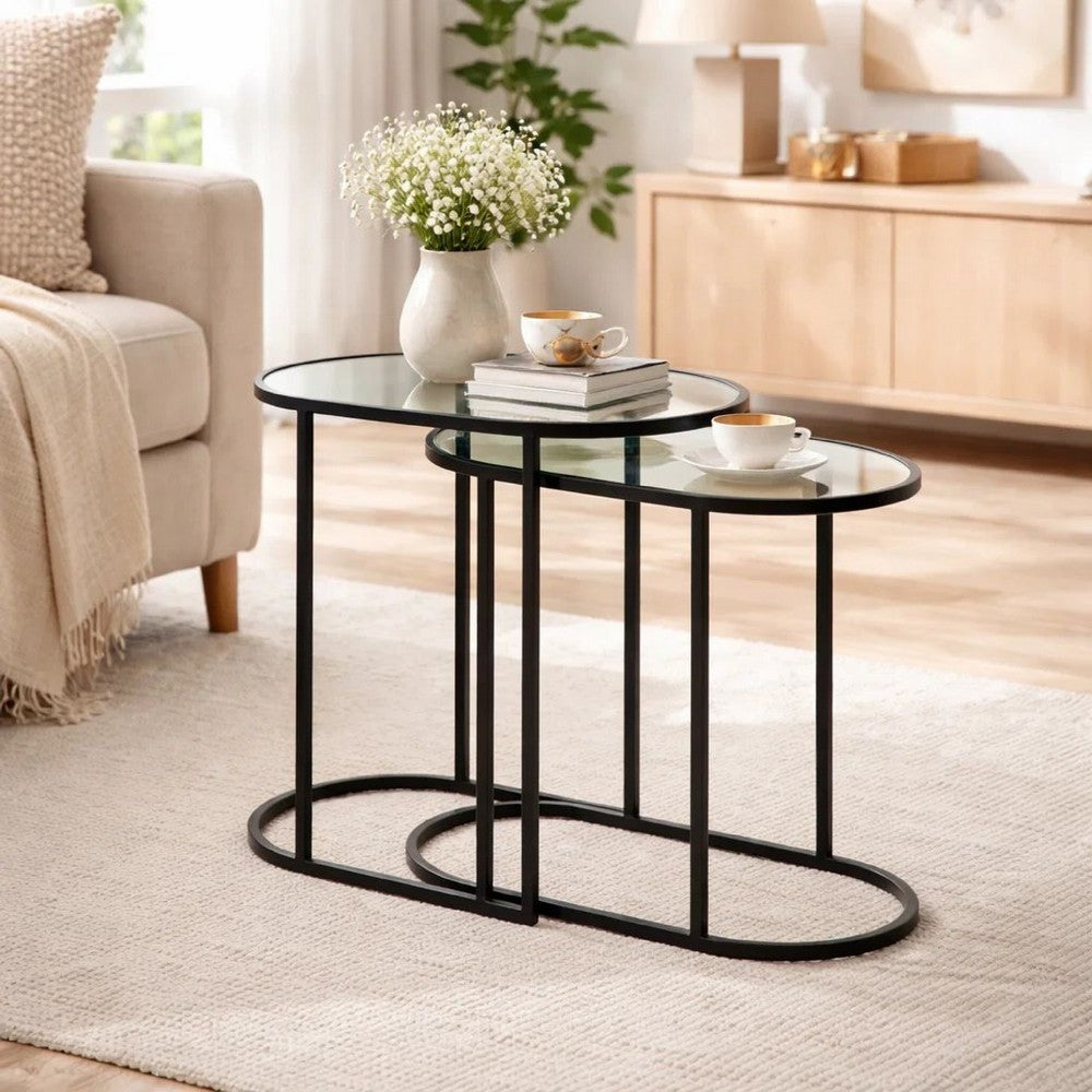 Valo 2pc Nesting Accent Table Set, Glass Oval Top, Retro Matte Black - BM346804