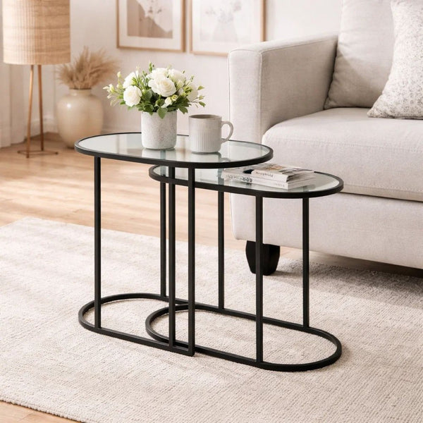 Valo 2pc Nesting Accent Table Set, Glass Oval Top, Retro Matte Black - BM346804