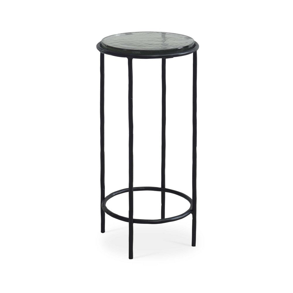 Hex Accent Table, 12 Inch Round Recycled Glass Top, Black Iron Frame - BM346808