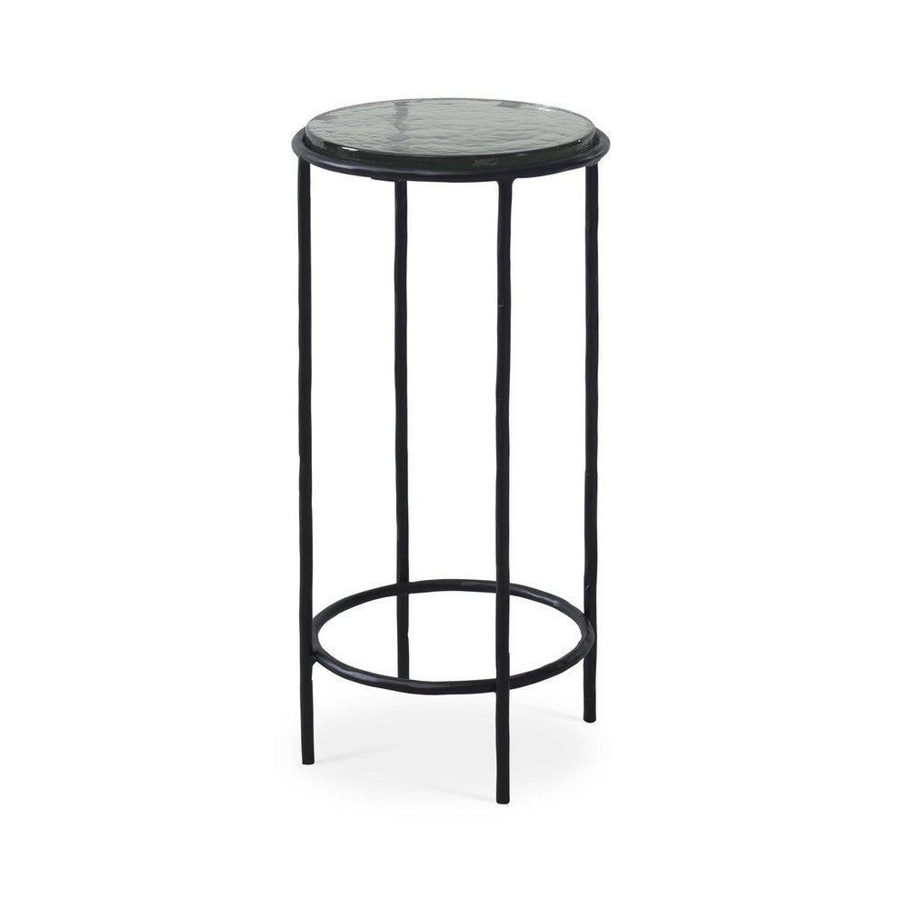 Hex Accent Table, 12 Inch Round Recycled Glass Top, Black Iron Frame - BM346808