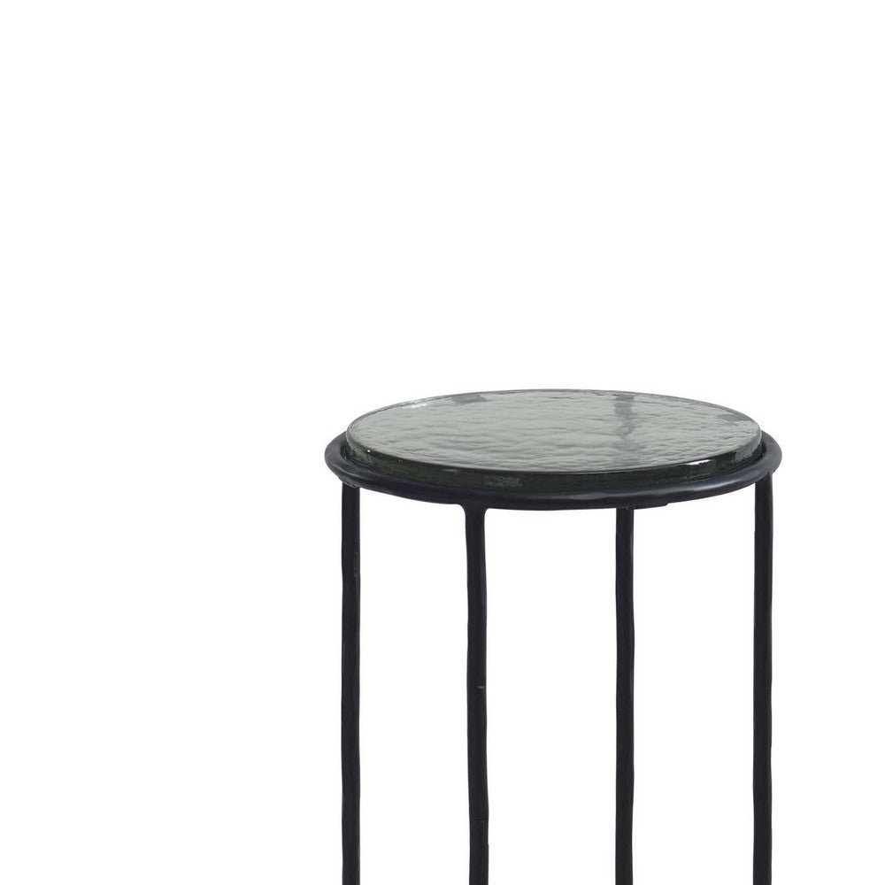 Hex Accent Table, 12 Inch Round Recycled Glass Top, Black Iron Frame - BM346808