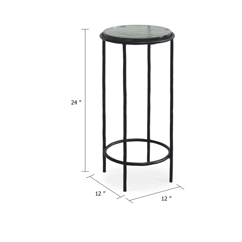 Hex Accent Table, 12 Inch Round Recycled Glass Top, Black Iron Frame - BM346808