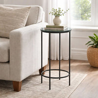 Hex Accent Table, 12 Inch Round Recycled Glass Top, Black Iron Frame - BM346808