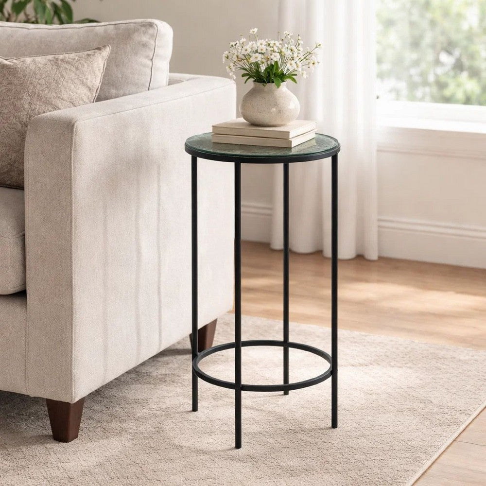 Hex Accent Table, 12 Inch Round Recycled Glass Top, Black Iron Frame - BM346808