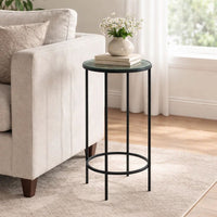 Hex Accent Table, 12 Inch Round Recycled Glass Top, Black Iron Frame - BM346808
