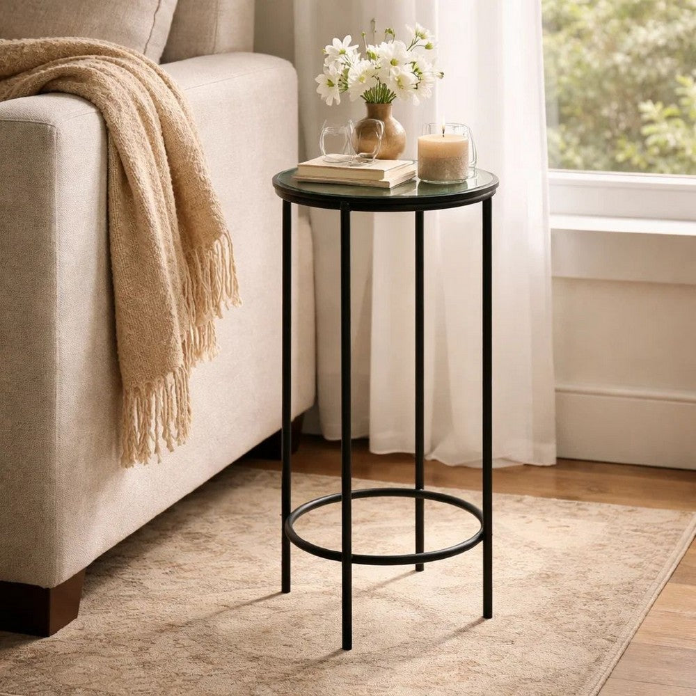Hex Accent Table, 12 Inch Round Recycled Glass Top, Black Iron Frame - BM346808