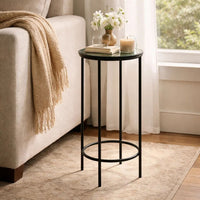 Hex Accent Table, 12 Inch Round Recycled Glass Top, Black Iron Frame - BM346808