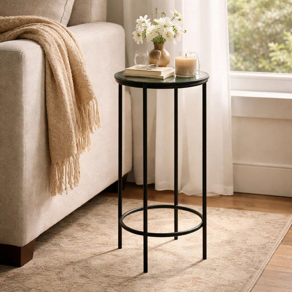 Hex Accent Table, 12 Inch Round Recycled Glass Top, Black Iron Frame - BM346808