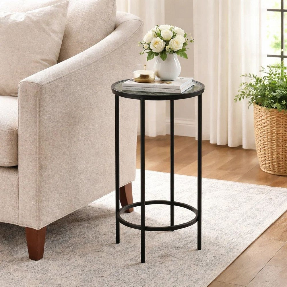 Hex Accent Table, 12 Inch Round Recycled Glass Top, Black Iron Frame - BM346808