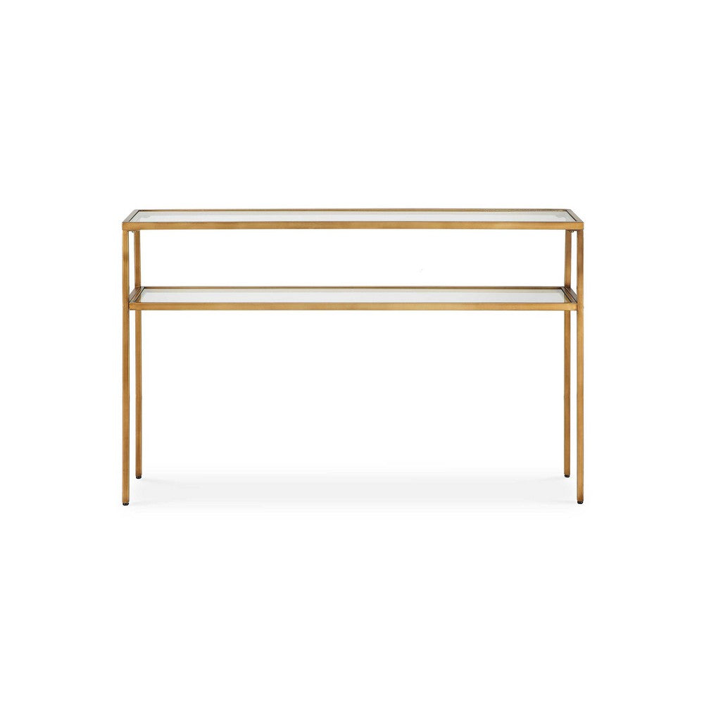 Ted Sofa Console Table w Open Shelf, 48 Inch Glass Top, Gold Iron - BM346810