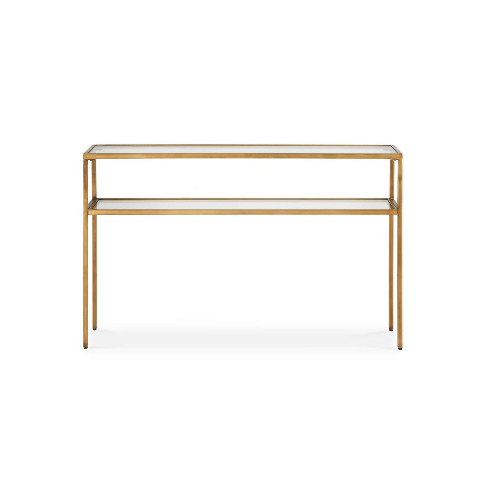 Ted Sofa Console Table w Open Shelf, 48 Inch Glass Top, Gold Iron - BM346810