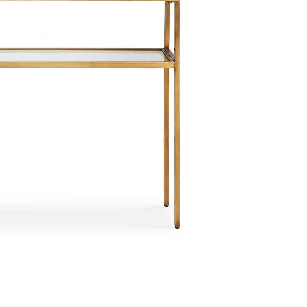 Ted Sofa Console Table w Open Shelf, 48 Inch Glass Top, Gold Iron - BM346810