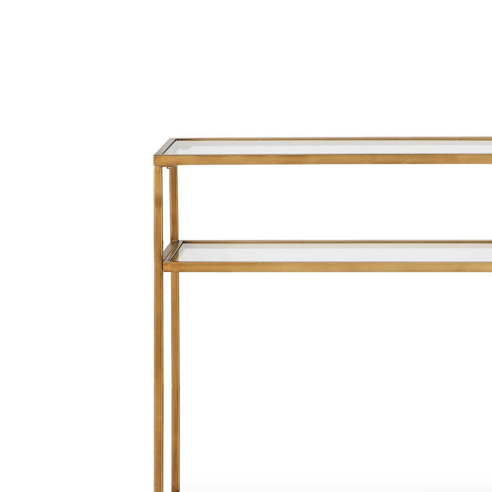 Ted Sofa Console Table w Open Shelf, 48 Inch Glass Top, Gold Iron - BM346810
