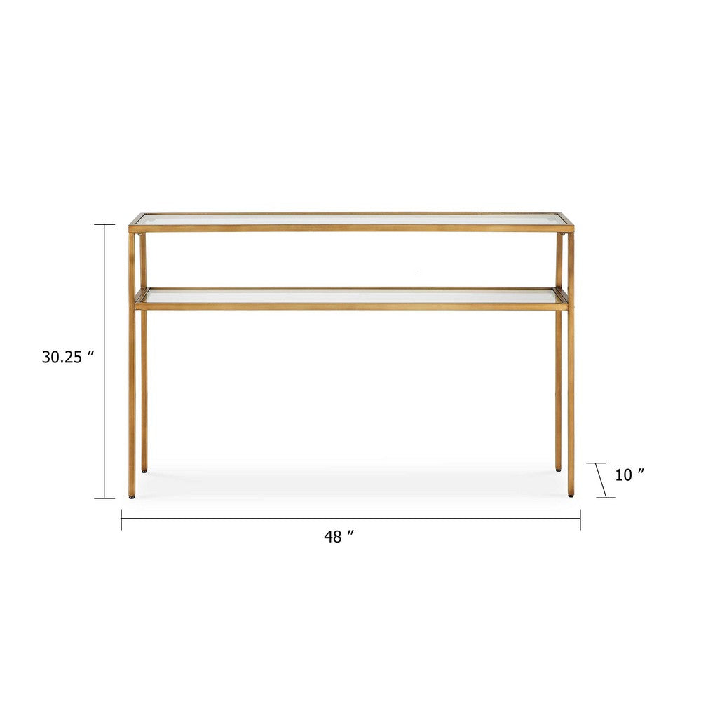 Ted Sofa Console Table w Open Shelf, 48 Inch Glass Top, Gold Iron - BM346810