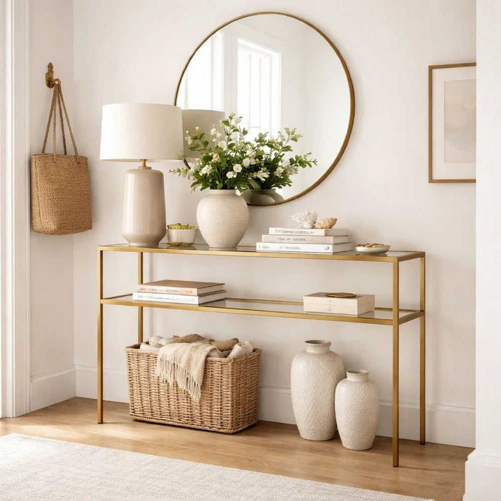 Ted Sofa Console Table w Open Shelf, 48 Inch Glass Top, Gold Iron - BM346810