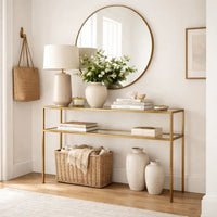 Ted Sofa Console Table w Open Shelf, 48 Inch Glass Top, Gold Iron - BM346810