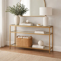 Ted Sofa Console Table w Open Shelf, 48 Inch Glass Top, Gold Iron - BM346810
