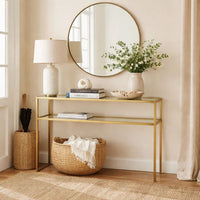 Ted Sofa Console Table w Open Shelf, 48 Inch Glass Top, Gold Iron - BM346810